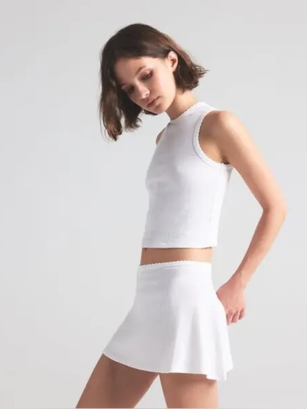 SKIMS White Drop Needle Pointelle Cropped Tank Crewneck Scalloped Edge XS